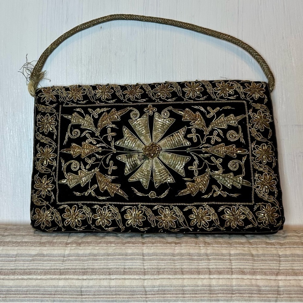 Vintage 1950s Black Velvet Gold Beaded Embroidered Evening Purse Made in India